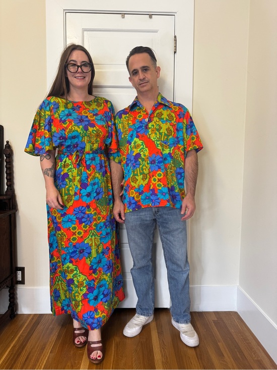 Vintage Dresses & Skirts - 70s Vintage Hawaiian Tops Neon Floral Honeymoon Set